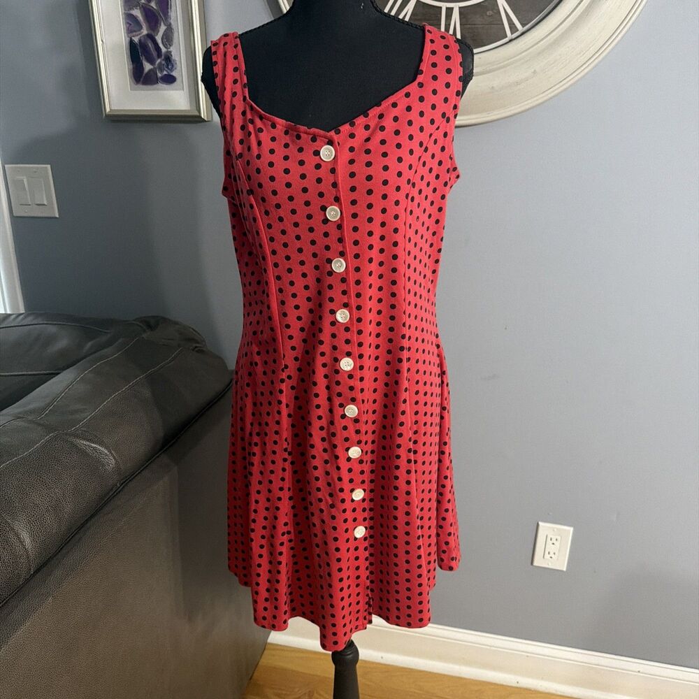 Vintage︱Victoria Harbor Dress︱Red with Black Polka Dots︱Sleeveless | Large